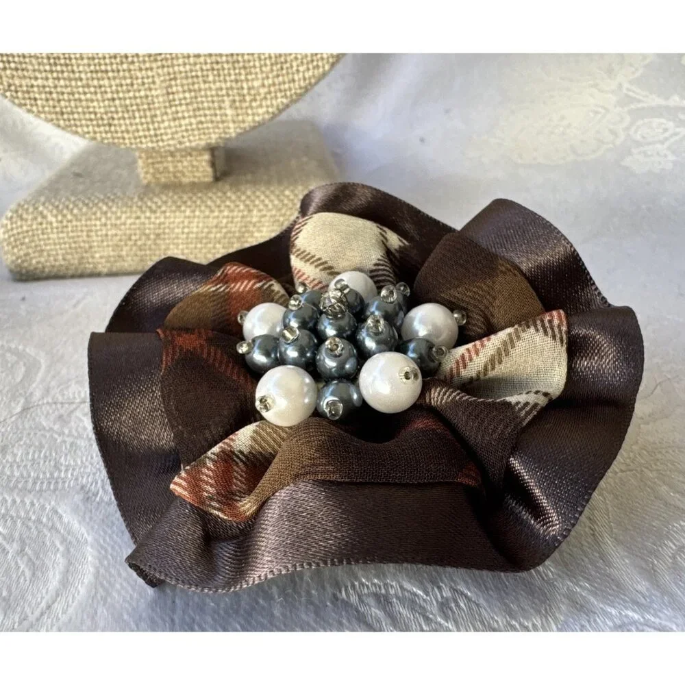 Cara Brown Cream Plaid Pearl Beaded Floral Hat Brooch/Hair Pin Steampunk NEW